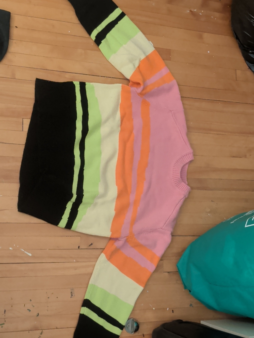 Colorblock Striped Crewneck Sweater in Pink, Orange, Lime & Black